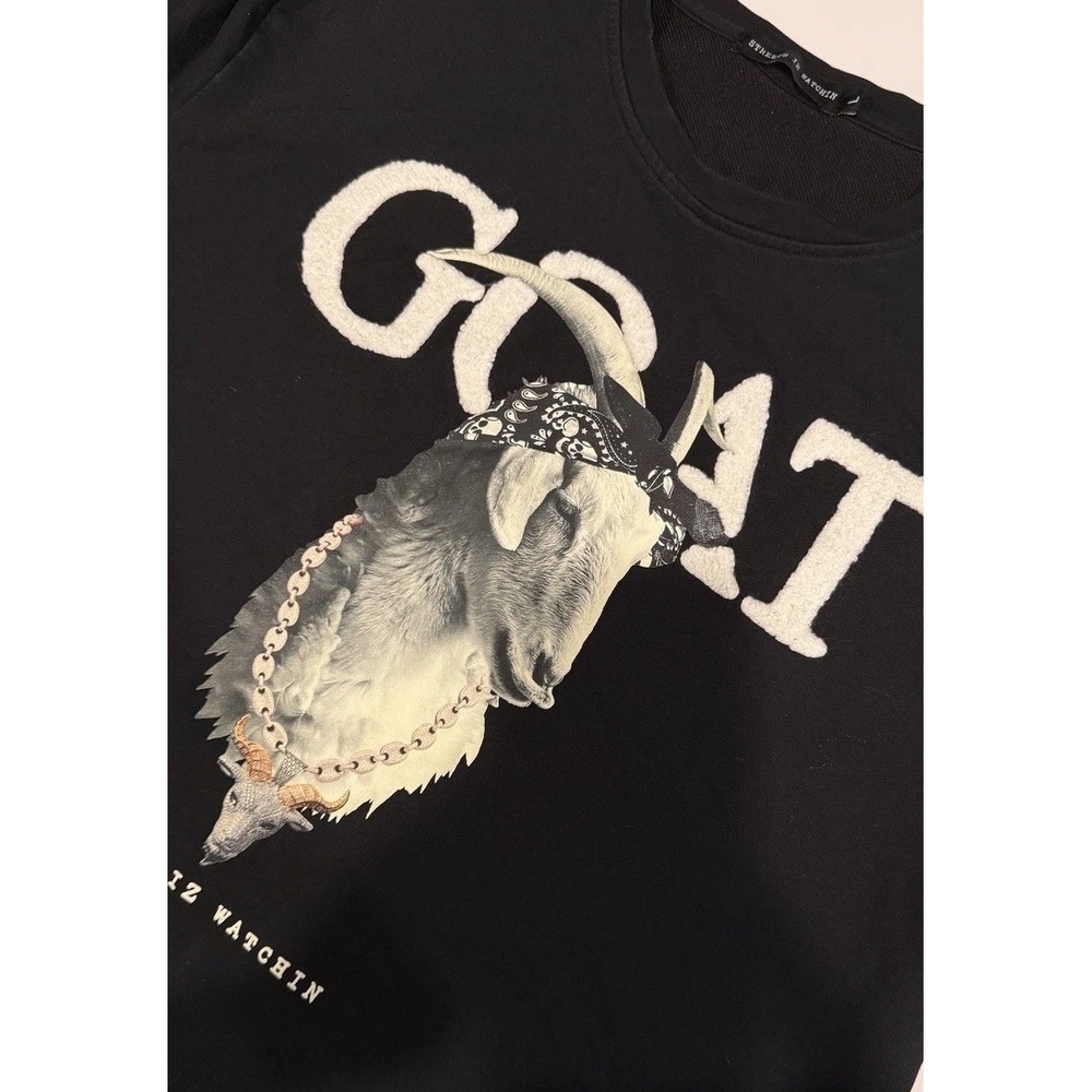 Streetz Is Watchin Men's Large GOAT T Shirt Black Chenille Patch Graphic Urban